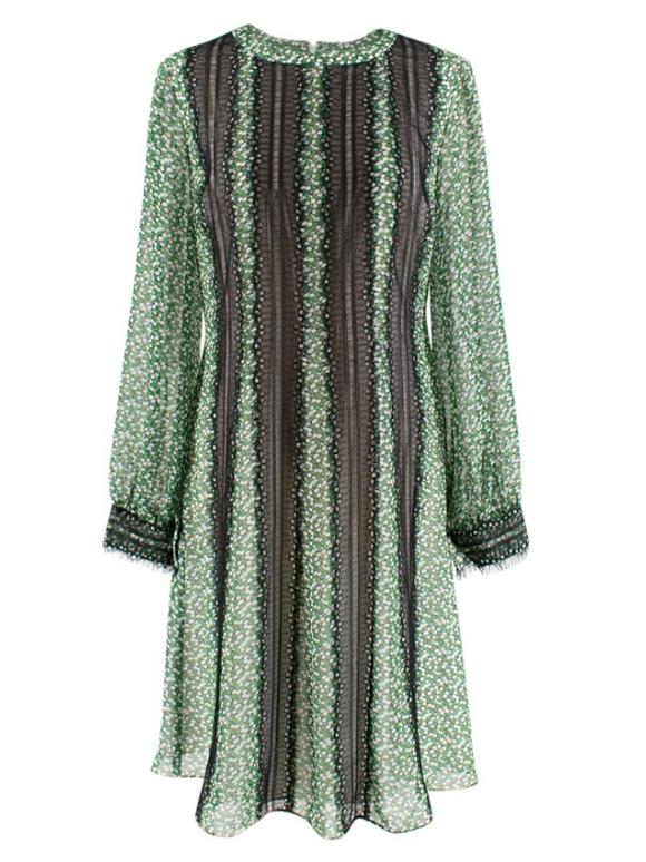 Mikael Aghal Green floral print dress with black lace trim