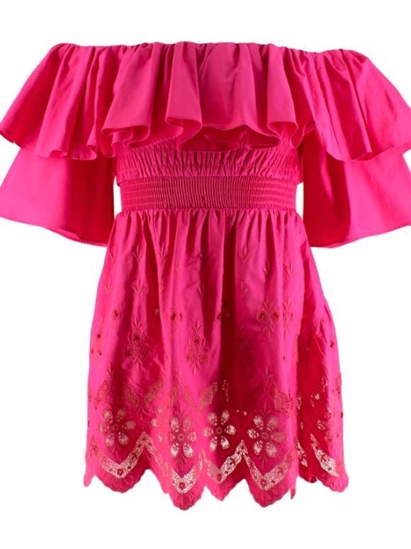 Self Portrait Fuchsia Embroidered Ruffle Off Shoulder Top