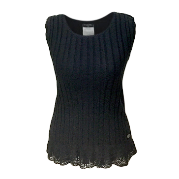 Chanel Black Ribbed Knit Sleeveless Lace-Trimmed Top