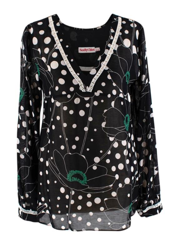 See By Chloe Black Polka Dot Linen blend Sheer Blouse