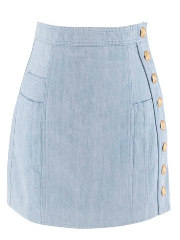 Balmain Blue Cotton Denim Buttoned Mini Skirt