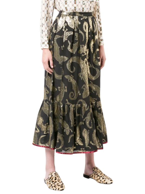 Gucci Black & Gold Lizard Jacquard Midi Skirt