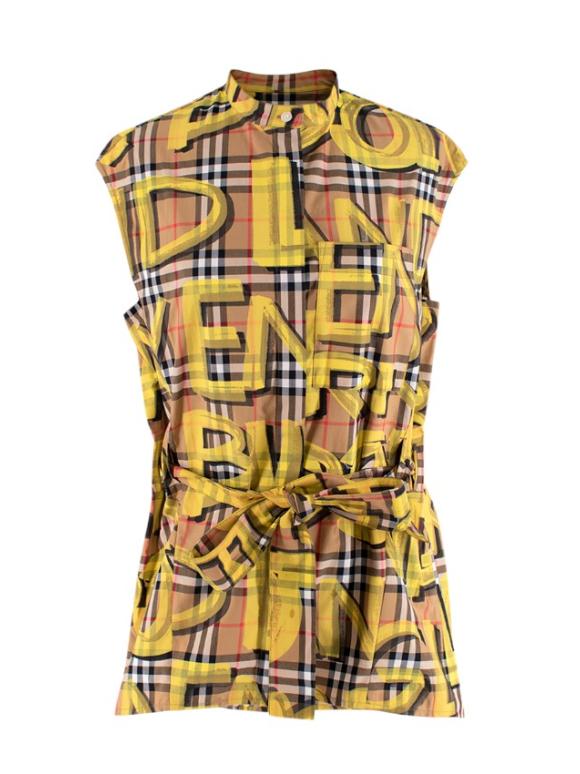 Burberry Yellow Sleeveless Graffiti Print Check Cotton Shirt