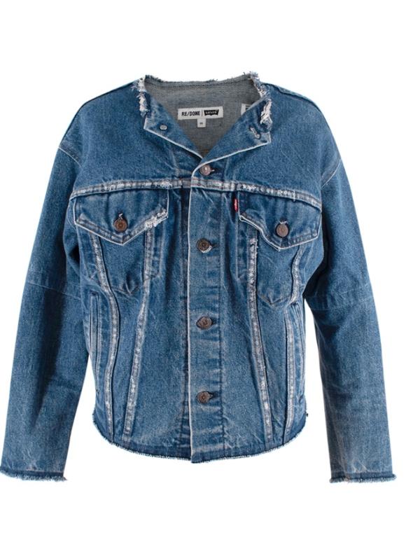 RE/DONE Levis Mid-Wash Distressed Collarless Denim Jacket