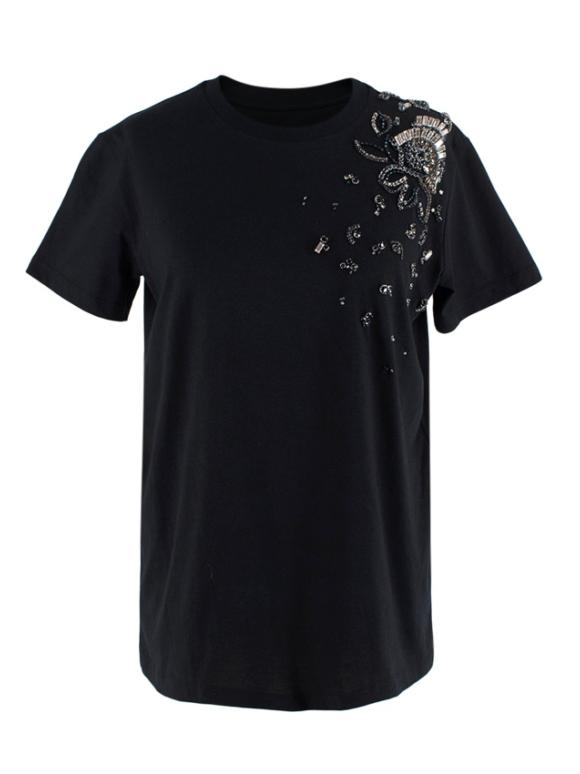Prada Navy Cotton T-Shirt with Crystal Embellished Shoulder