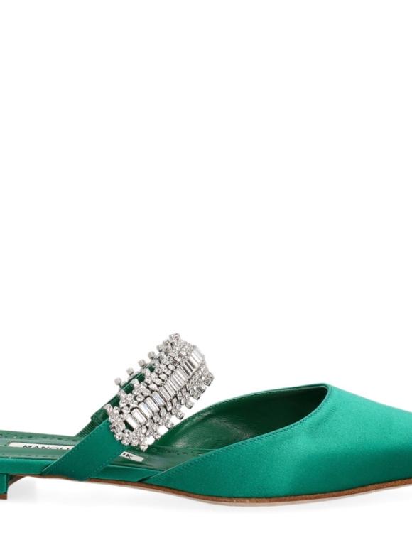 Manolo Blahnik Emerald Green Satin Lutara Crystal Flats