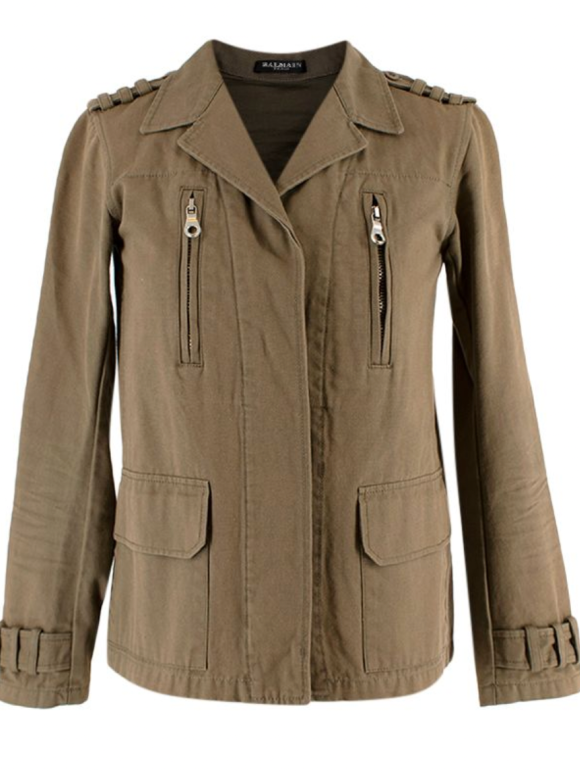 Balmain Khaki Embellished Cotton Military Jacket