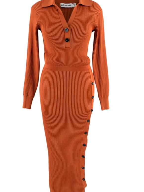 Self Portrait Rib Knit Polo Midi Dress
