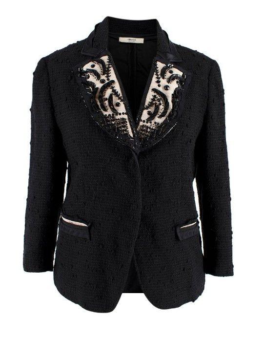 Prada Sequin Embellished Black Wool Tweed Jacket