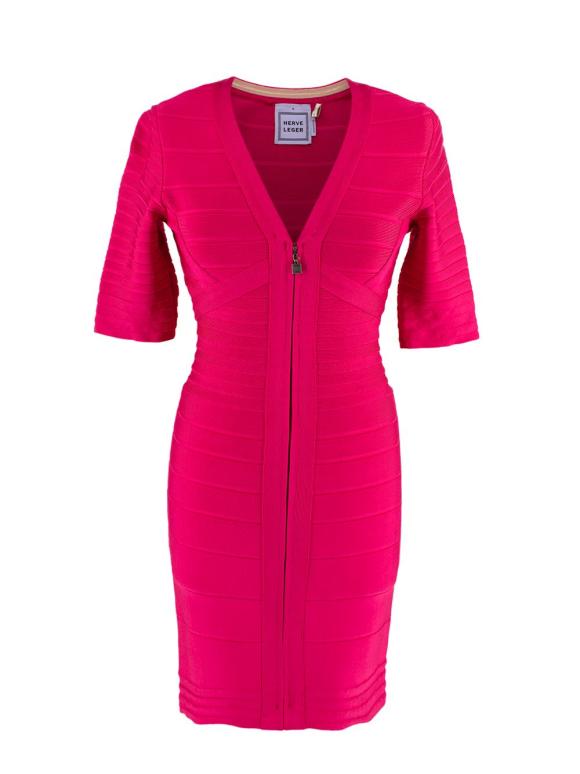Herve Leger Pink Stretch Bandage V-Neck Zipped Dress
