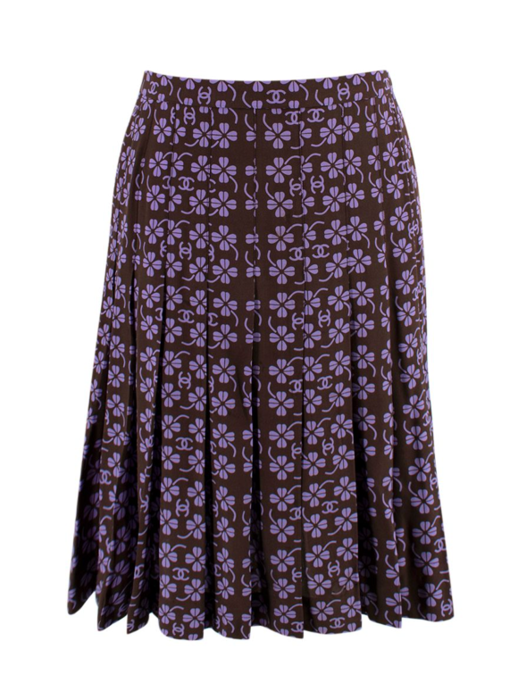 Chanel Purple & Black Clover Print Pleated Silk Skirt