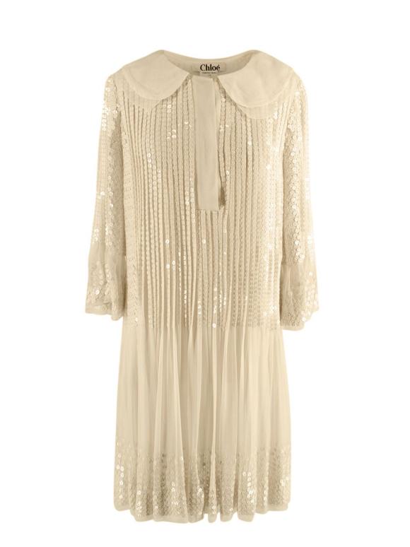 Chloe Ecru Sequin Embroidered Silk Pleated Dress