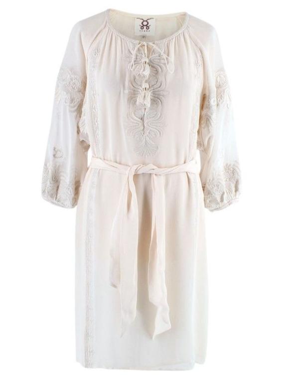 Figue Cream Silk Embroidered Belted Dress