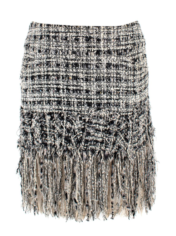 Chanel Black and White Tweed Mini Skirt with Fringe Hem
