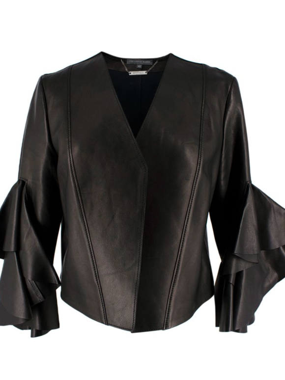 Alexander McQueen Black Leather Ruffled Sleeve Jacket
