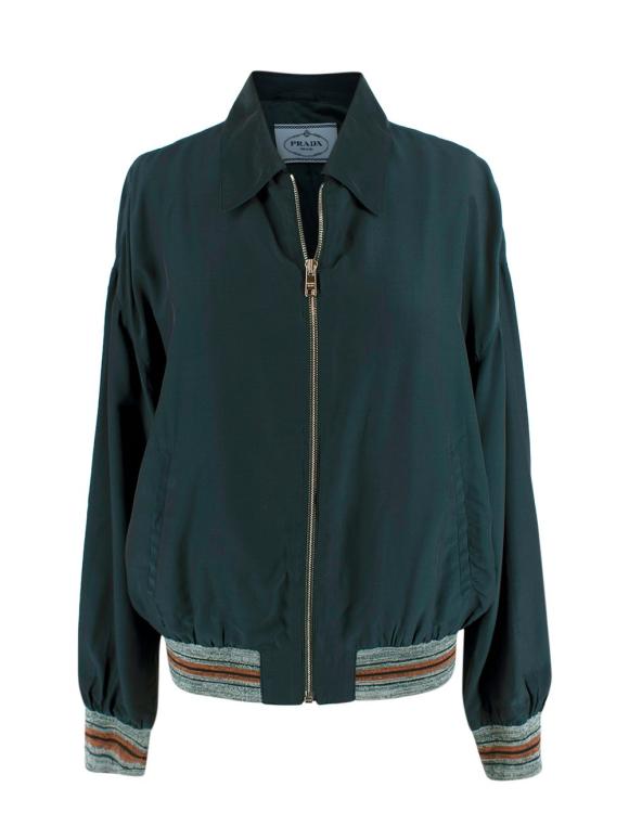 Prada Green Lightweight Bomber Jacket with Stripe Cuff Detail