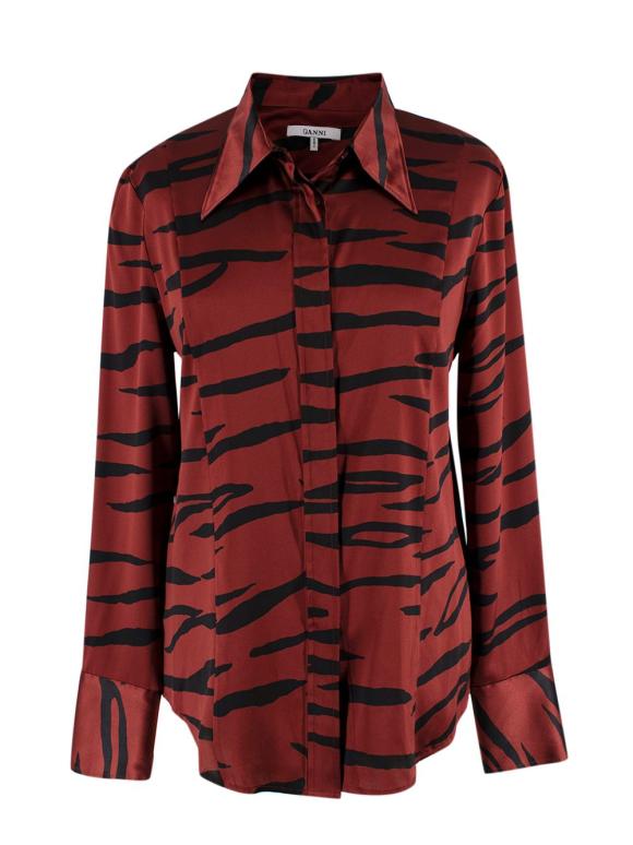 Ganni Deep Red Tiger Print Silk Shirt