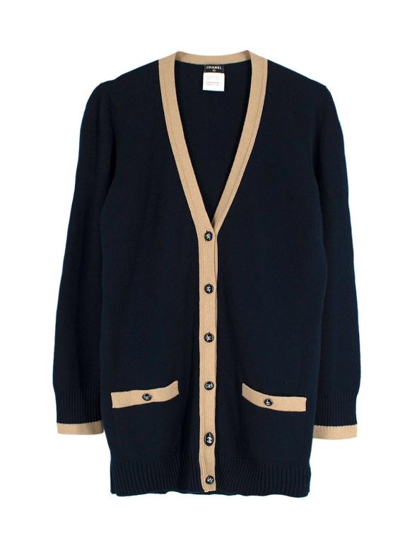 Chanel Contrast Trim Navy Cashmere Longline Cardigan