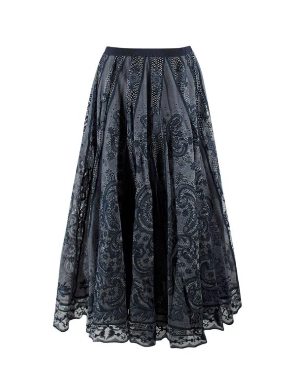 Dior Navy Cotton Blend Embroidered Midi Skirt