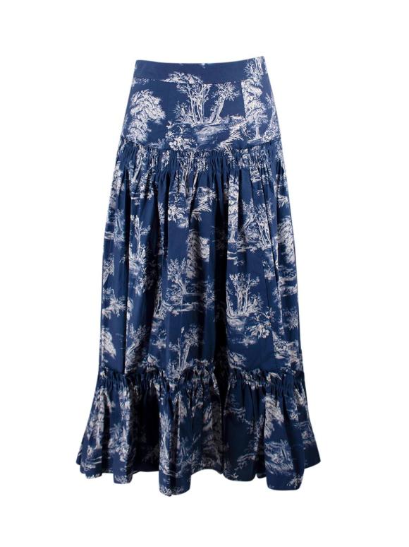Cara Cara Navy Toile de Jouy Printed Tiered Cotton Skirt