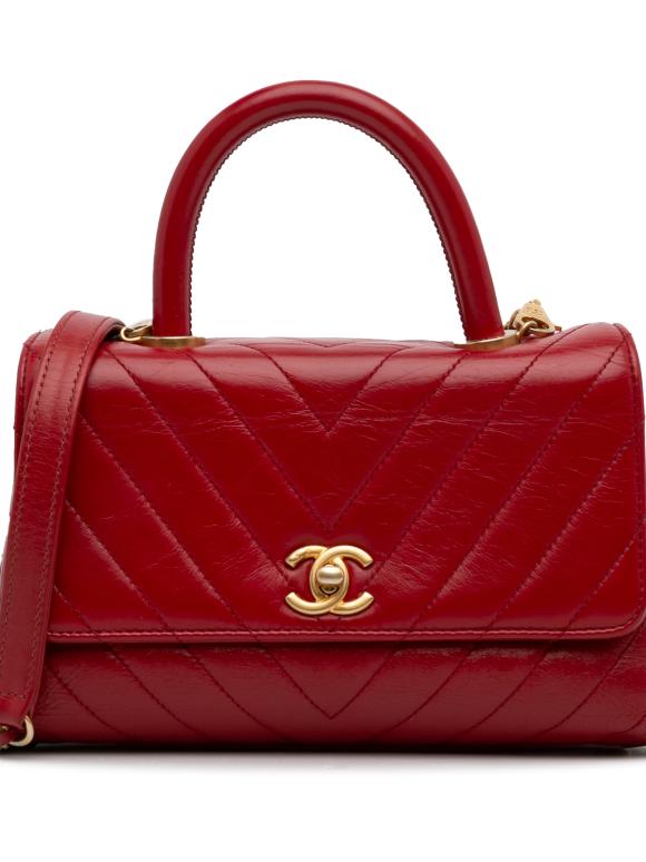 Chanel Red Chevron Lambskin Small Coco Top Handle
