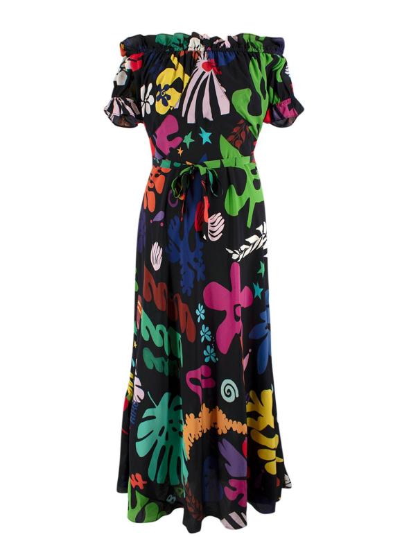 Rixo Black Multicolour Pattern Silk Bardot Maxi Dress