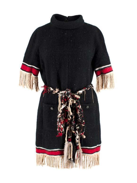Chanel Black Cashmere Dress with Tassel Woven Detailing