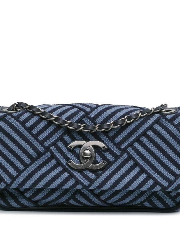Chanel Blue Canvas Stripe Single Flap Bag