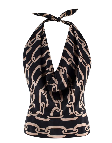 Nili Lotan Black Agathe Chain Print Silk Halterneck Top