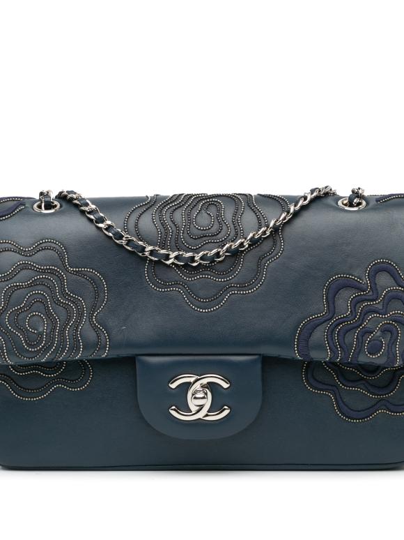 Chanel Blue Medium Embroidered Lambskin Camellia Follies Flap Bag