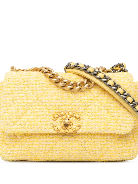 Chanel Yellow Tweed Medium 19 Flap Bag