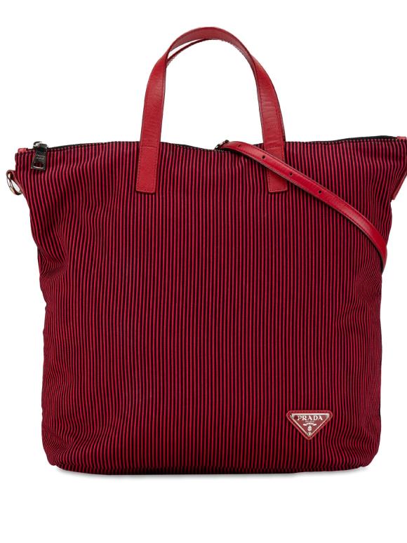 Prada Red Striped Tessuto Stampato Tote Bag