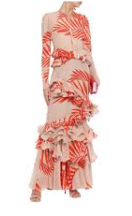 Johana Ortiz Beige and Orange Palm Print Ruffled Silk Maxi Dress
