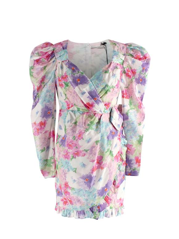 Alessandra Rich Floral Print Taffeta  Ruffle Detail Silk Mini Dress