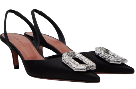 Amina Muaddi Black Satin Camelia Sling Back