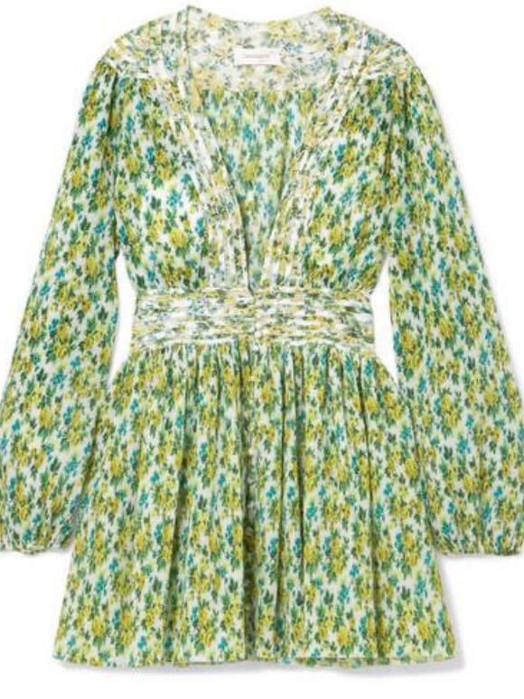 Zimmermann Green Golden Plisse Mini Dress