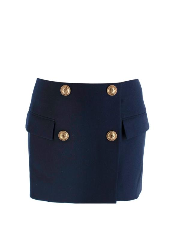 Balmain Navy Double Breasted Effect Wool Mini Skirt