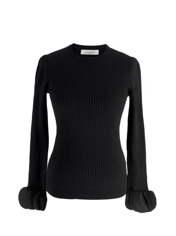 Valentino Black Silk Georgette-Trimmed Ribbed Stretch-Knit Sweater