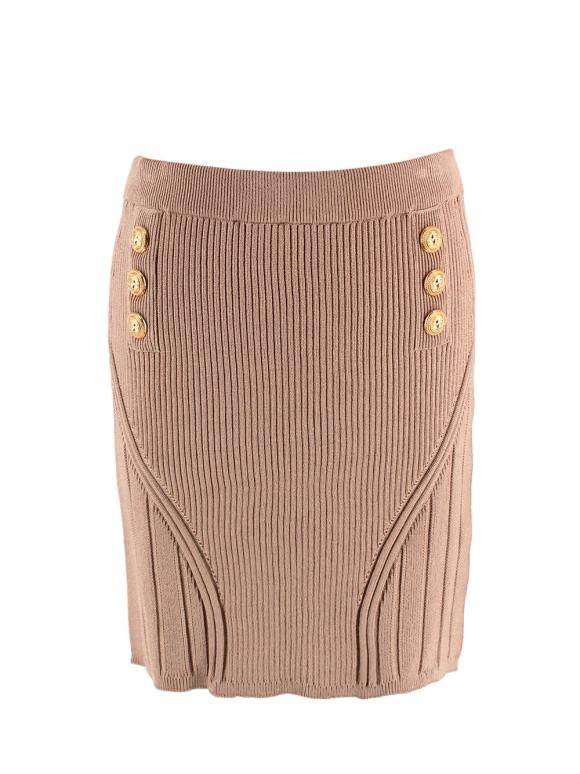 Balmain Camel Ribbed Knit Mini Skirt with Gold Button Detail