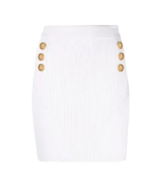Balmain Cream Ribbed Knit Mini Skirt with Gold Button Detail