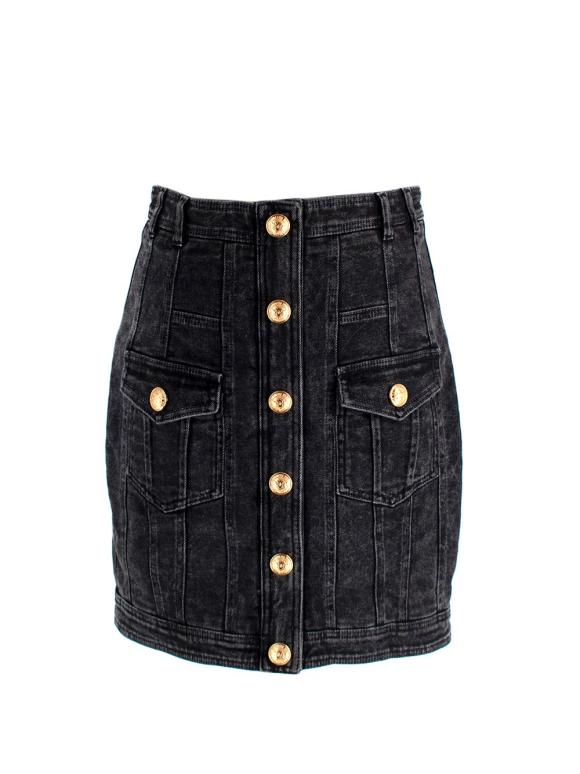Balmain Black Denim Skirt with Gold Button Detail