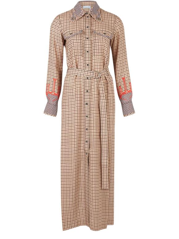 Chloe Belted Windowpand-Check Crepe Shirt Dress