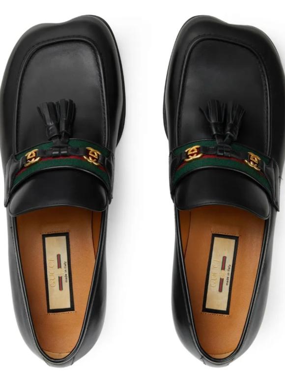Gucci Black Leather Web Interlocking Loafers