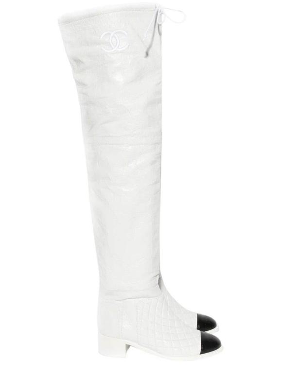 Chanel White Knee High Leather Boots