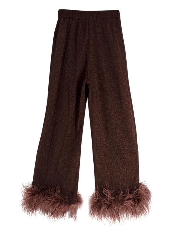 Oseree Brown Lurex Ostrich Feather Cuffs Trousers