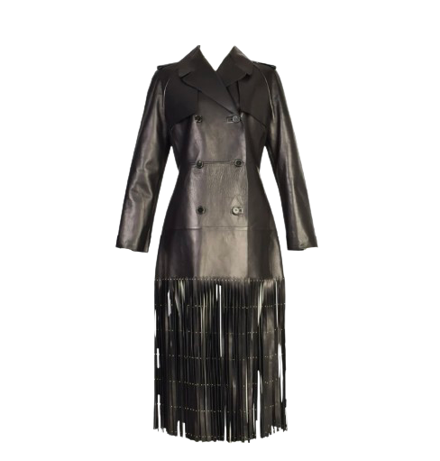 Valentino Black Leather Trench Coat with Fringe Detail
