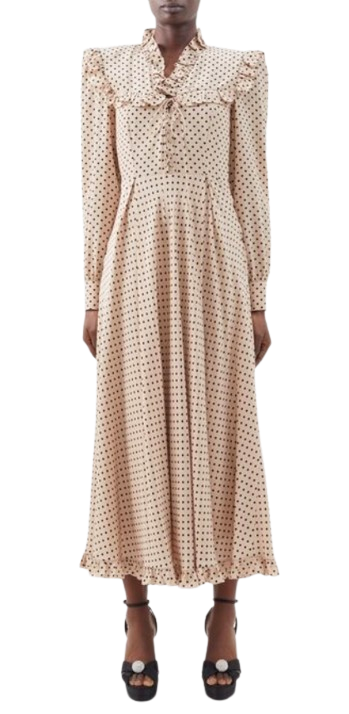 Alessandra Rich Beige Silk Polka Dot Dress with Lace Up Design