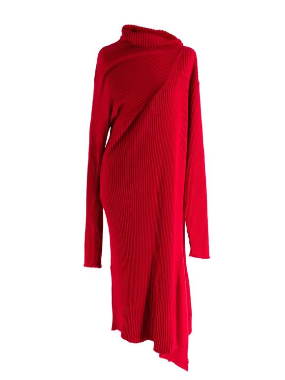 Marques Almeida Red Knitted Asymmetric Wool Dress