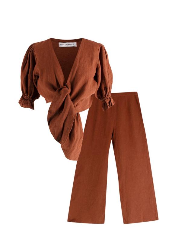 Faithfull The Brand Brown Tie Front Linen Top and Wide Leg Trouser Set