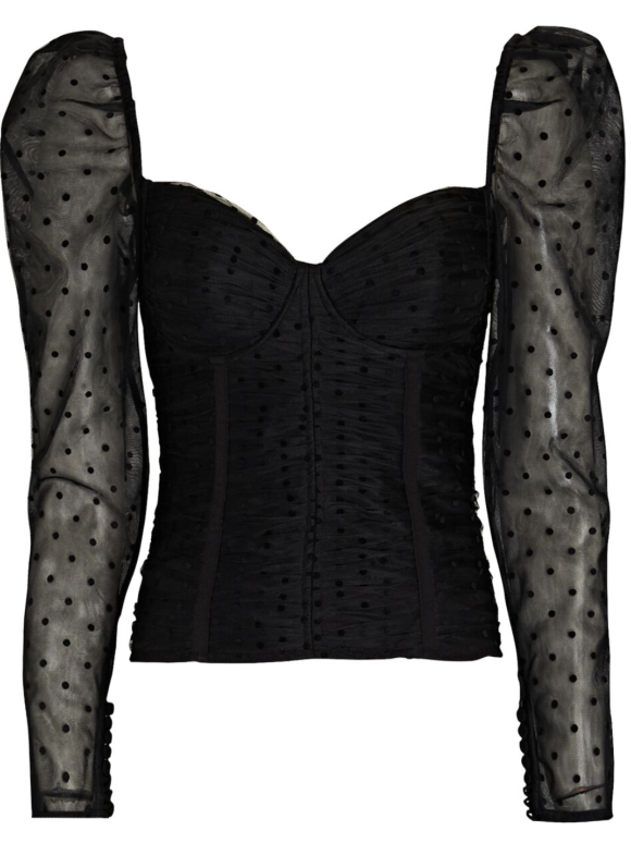 Self Portrait Black Polka-Dot Mesh Long-Sleeve Corset Top